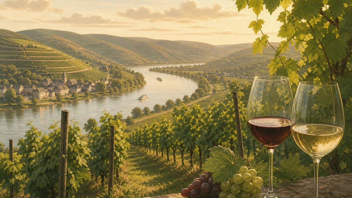 Realistische redaktionelle Weinaufnahme einer deutschen Flusslandschaft im August: sanfte Weinberge an Mosel, Rheingau und Pfalz als visuell
