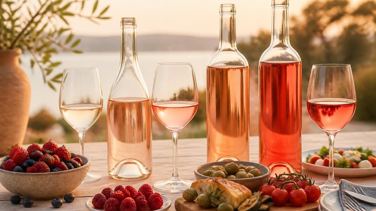 Realistische redaktionelle Sommeraufnahme im August: mehrere Roséweine in schlichten, unbeschrifteten Flaschen und Gläsern auf einem hellen