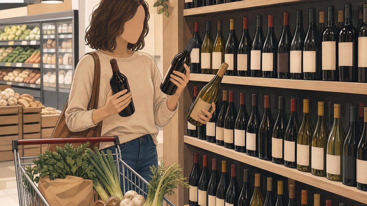 Realistische redaktionelle Szene in einem deutschen Supermarkt: Eine Person steht ruhig vor einem Weinregal und vergleicht drei unterschiedl