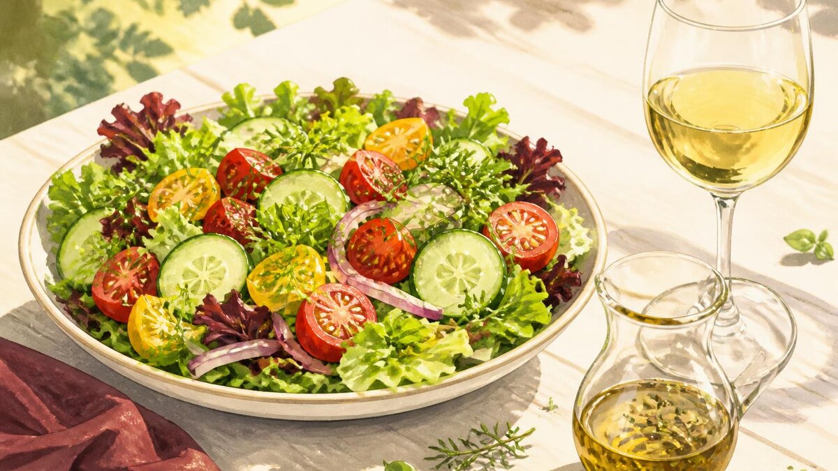 Sommerlicher Salat auf einem hellen Gartentisch im August mit Blattsalat, Tomaten, Gurken, Kräutern und einem kleinen Gefäß mit Essig-Öl-Dre