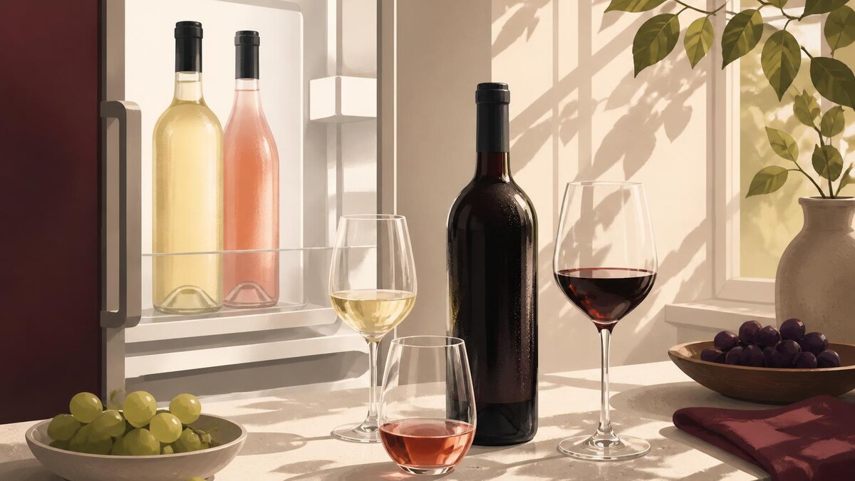 Eine ruhige, realistische sommerliche Küchenszene mit mehreren neutralen Weinflaschen ohne Etiketten: eine gekühlte Weißwein- und Roséflasch