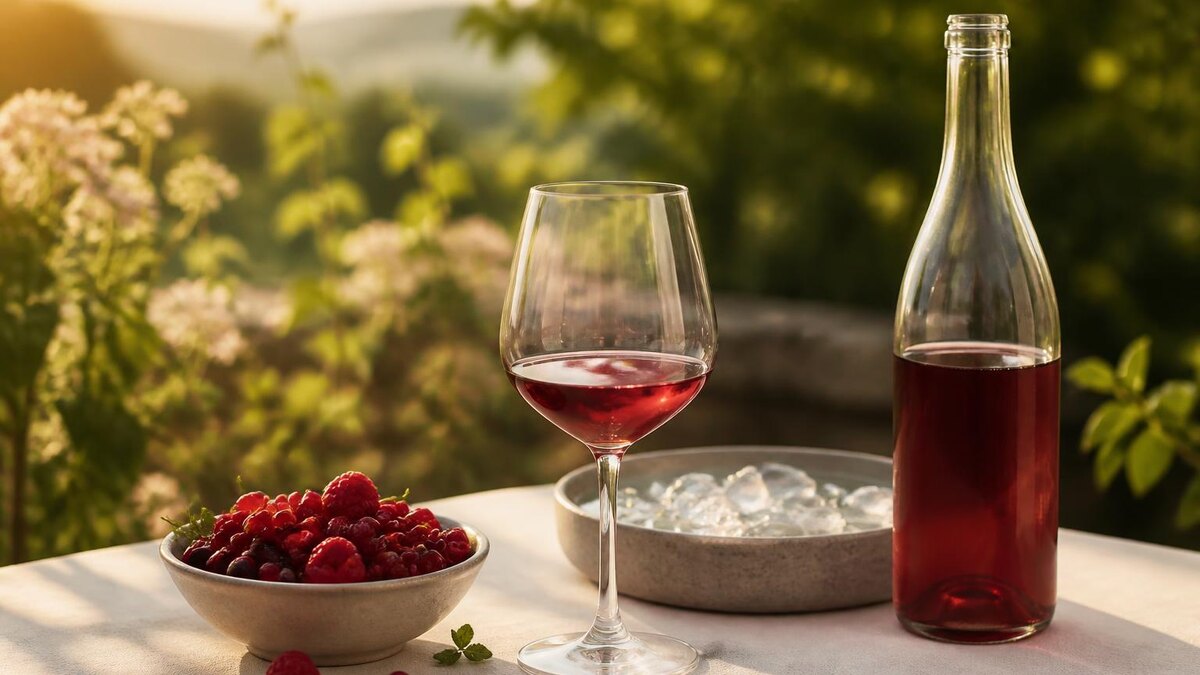 Ruhige, sommerliche Editorial-Fotografie für einen deutschsprachigen Weinratgeber: ein hellroter, leichter Rotwein in einem transparenten We