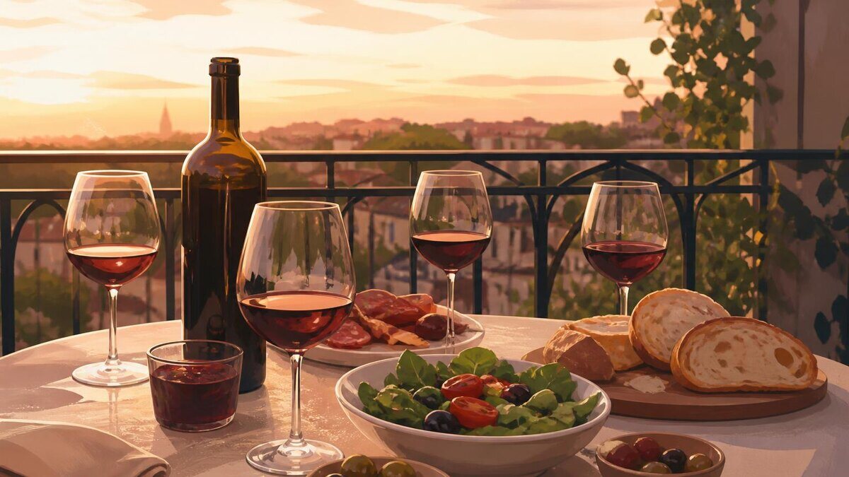 Eine offene Weinflasche und mehrere gefüllte Weingläser auf einem sommerlichen Balkon-Tisch im August, dazu einfache Speisen wie Salat, Brot
