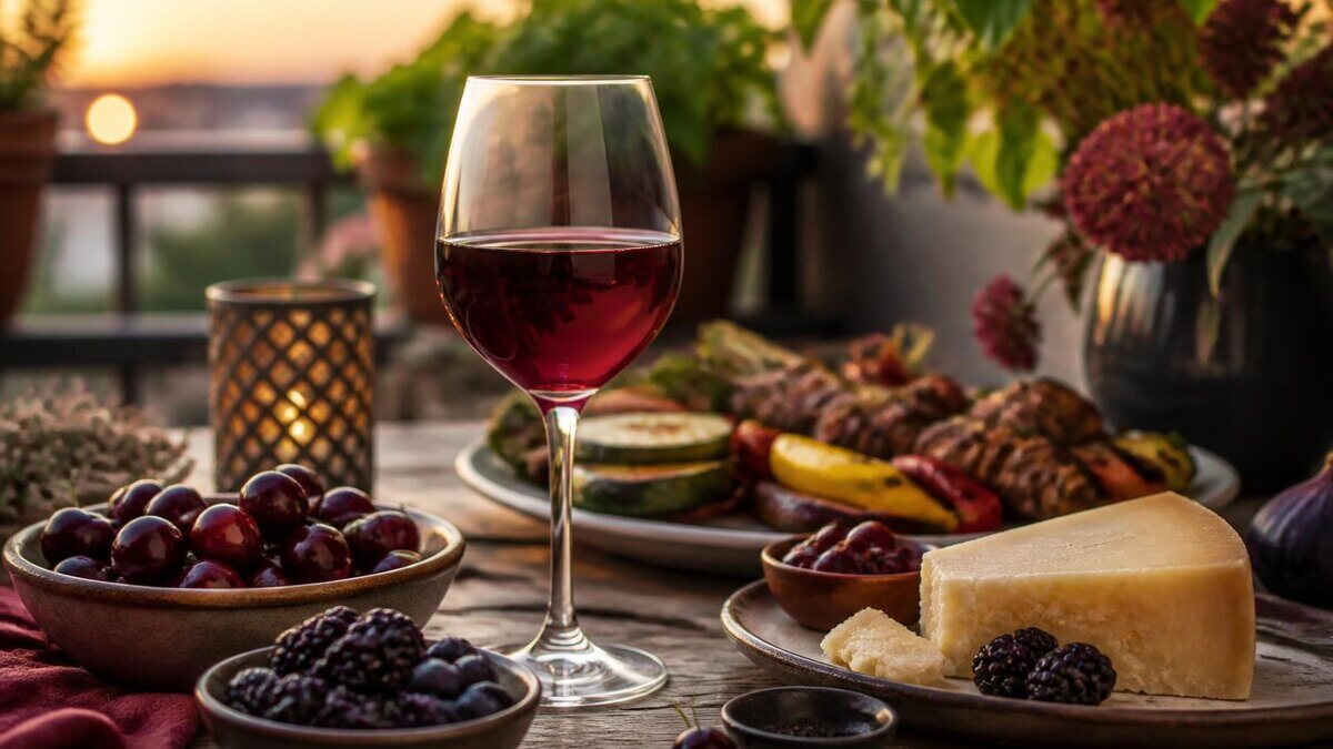 Eine realistische, warme Food-Fotografie für einen deutschsprachigen Weinratgeber: ein Glas lieblicher, fruchtiger Rotwein mit tief rubinrot
