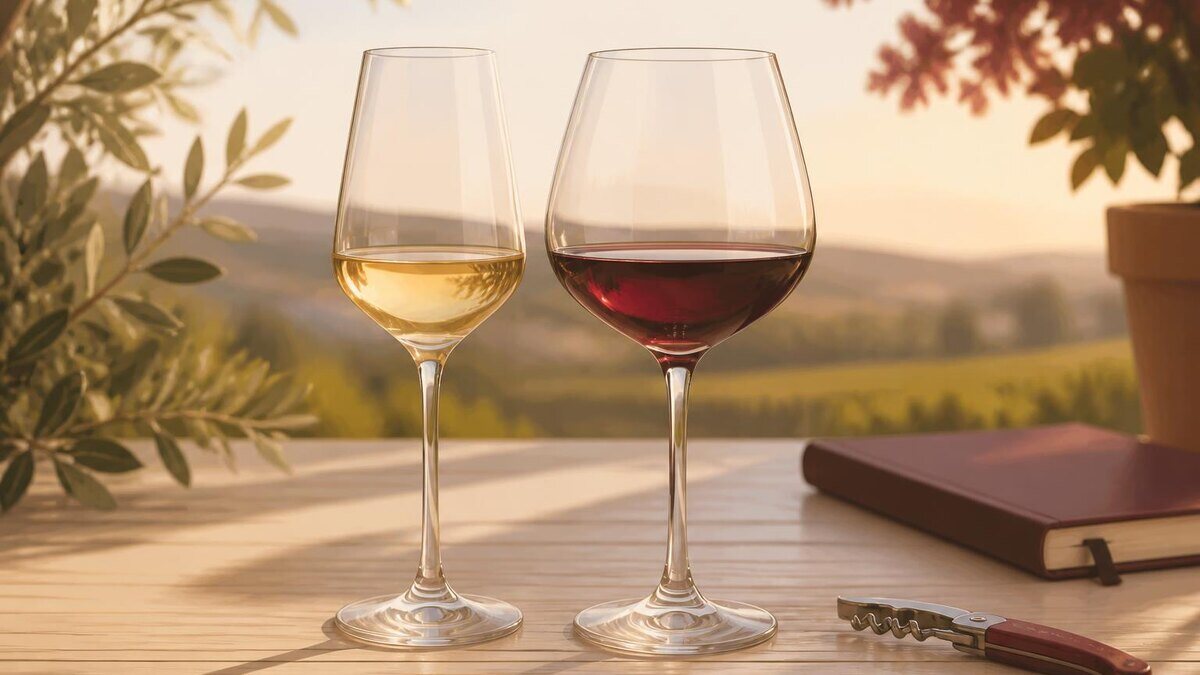 Ruhige, hochwertige Editorial-Fotografie für einen deutschsprachigen Weinratgeber: zwei unterschiedlich geformte klare Weingläser nebeneinan