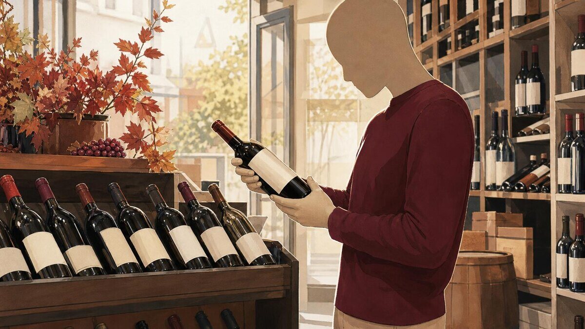 Ruhige, glaubwürdige Szene in einem Weinfachgeschäft im frühen September: Eine Person prüft aufmerksam das Etikett einer neutralen Weinflasc