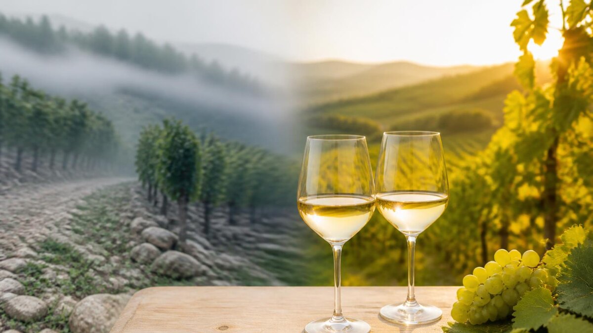 Ruhige, realistische Weinaufnahme für einen deutschsprachigen Ratgeber: zwei Gläser Sauvignon Blanc auf einem hellen Holztisch, im Hintergru