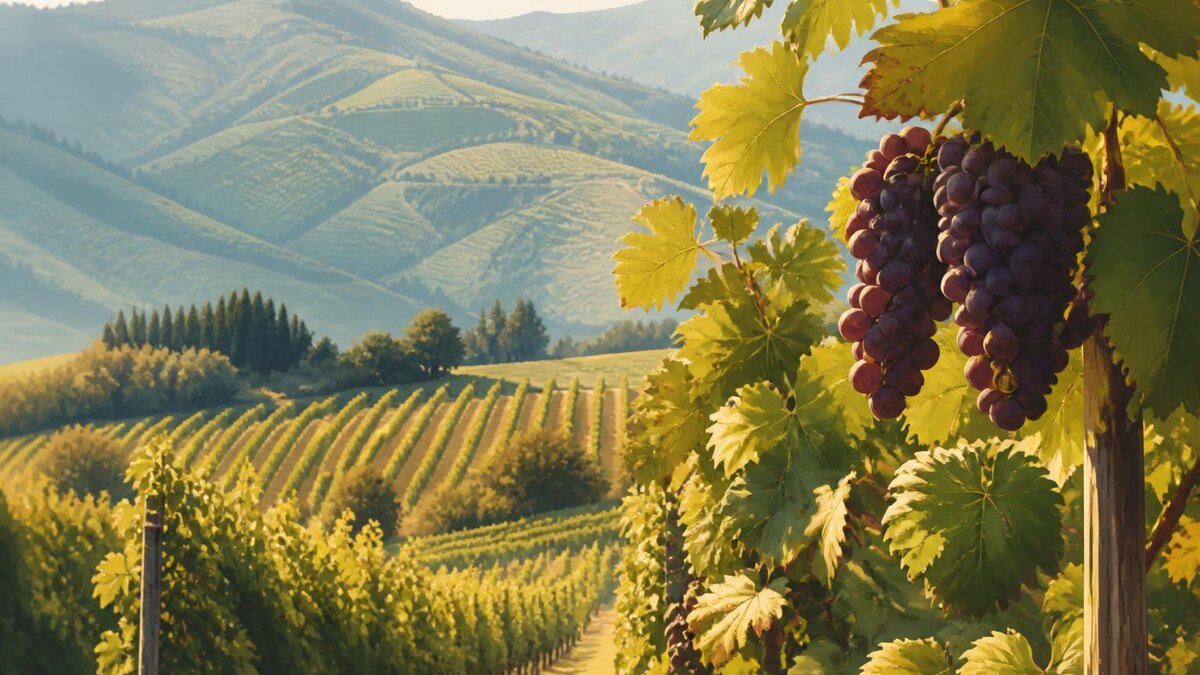 Ruhige, natürliche Weinberglandschaft im August mit sichtbarem Höhenunterschied: unten ein warmer, sonniger Weinberg und weiter oben kühlere