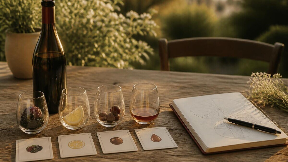 Ruhige, hochwertige redaktionelle Szene zum Thema Wein nach Geschmack kaufen: eine geöffnete Weinflasche ohne sichtbares Etikett, vier klein