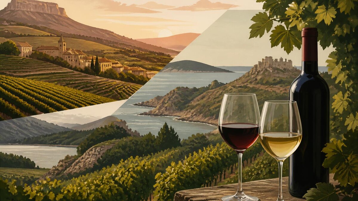 Ruhige, hochwertige redaktionelle Weinaufnahme einer spanischen Weinlandschaft im August: unterschiedliche Landschaftselemente aus Rioja, Ga