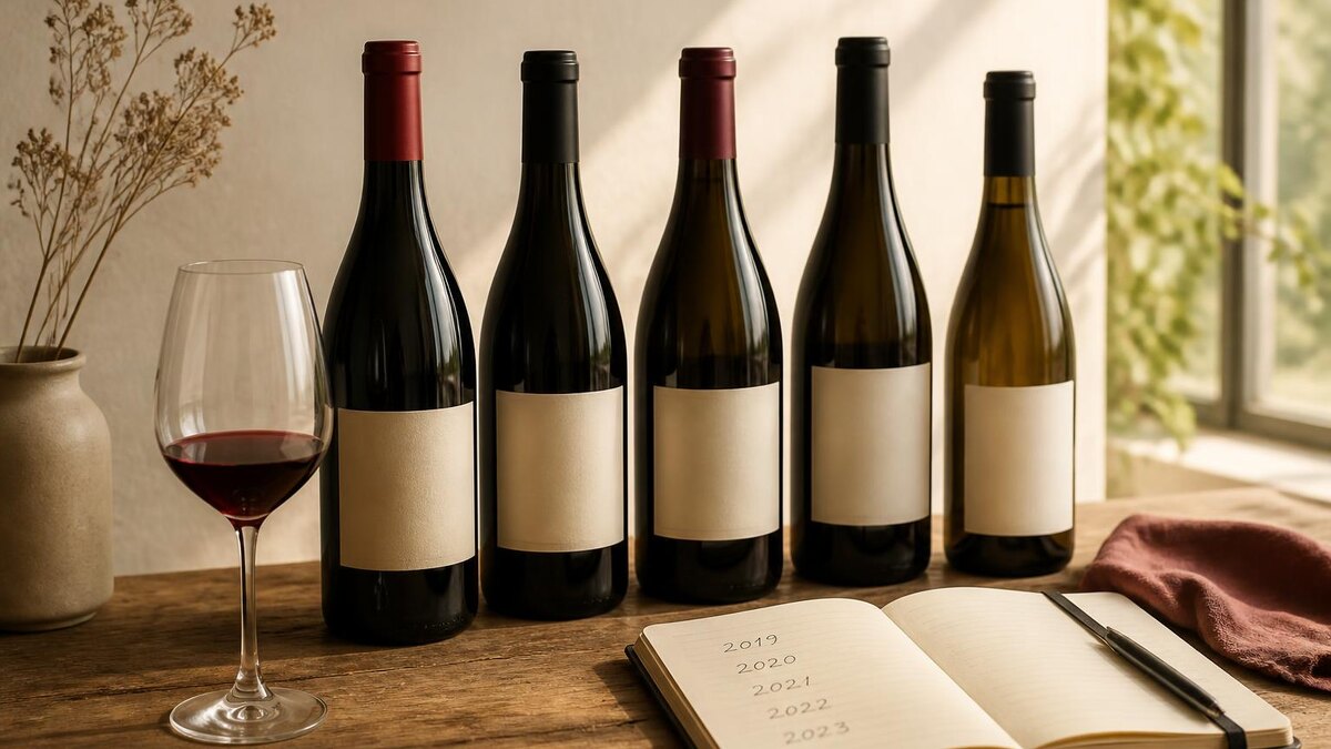 Ruhige, realistische Editorial-Fotografie für einen deutschsprachigen Weinratgeber: mehrere schlichte Weinflaschen mit gut lesbaren, aber ne