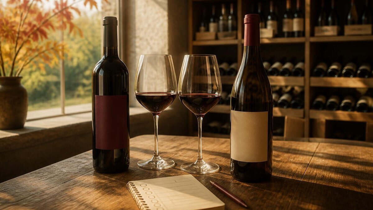 Ruhige, natürliche Szene in einem Weinladen im frühen Herbst: zwei unterschiedlich bepreiste, nicht markenbezogene Weinflaschen stehen neben