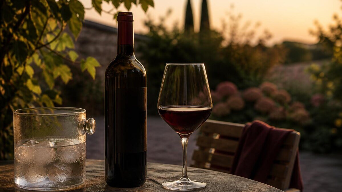Fotorealistisches, ruhiges September-Abendmotiv: eine geöffnete Rotweinflasche und ein Glas auf einem schattigen Gartentisch, daneben ein sc
