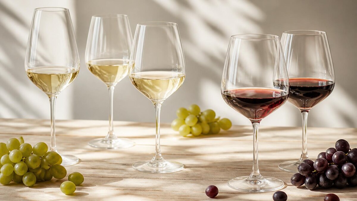 Sachliche, natürliche Editorial-Fotografie für einen deutschsprachigen Weinratgeber: mehrere schlichte Weingläser mit hellem Weißwein und ro