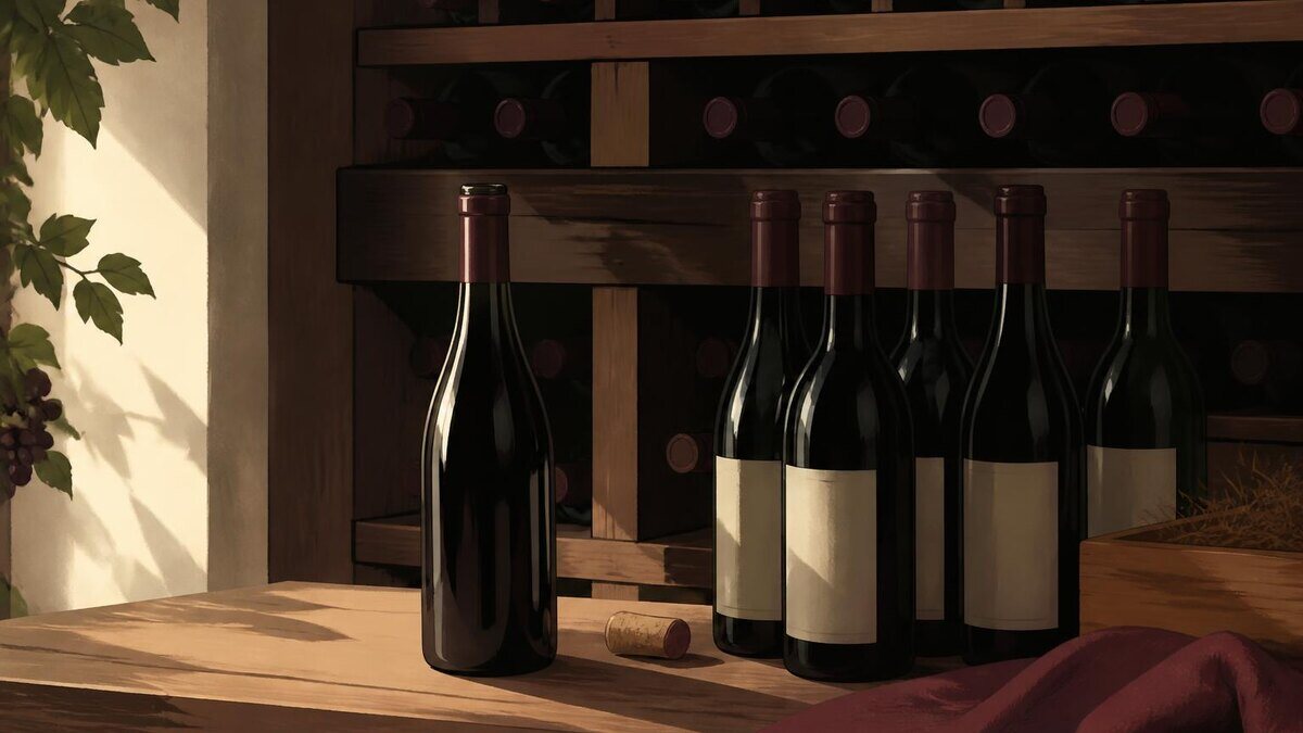 Ruhige, natürliche Szene in einem kühlen dunklen Weinschrank im August: mehrere schlichte Bio-Weinflaschen ohne lesbare Etiketten, eine geöf
