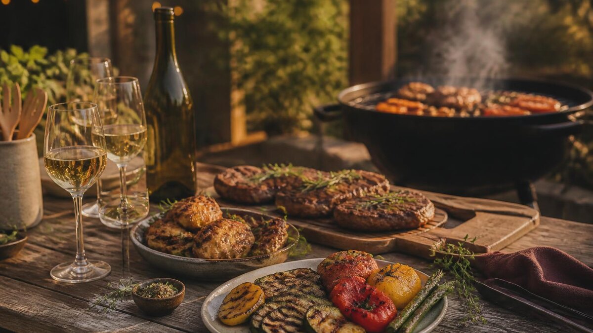 Ruhige, natürliche Editorial-Fotografie eines sommerlichen Grillabends im August: auf einem Holztisch stehen mehrere neutrale Weingläser und