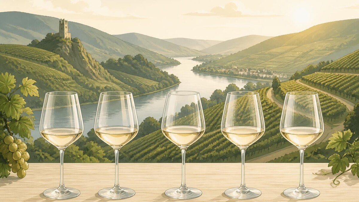 Ruhige, hochwertige redaktionelle Weinaufnahme für einen deutschsprachigen Ratgeber: mehrere neutrale Rieslinggläser auf einem hellen Holzti