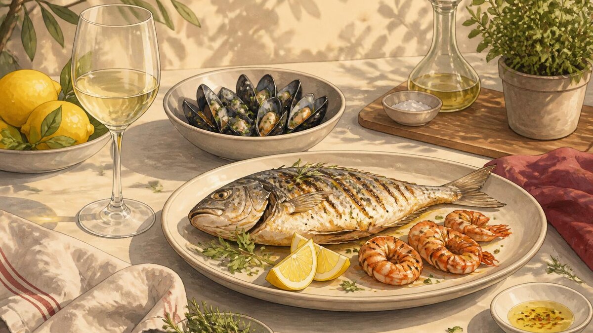 Ruhige, natürliche Food-Fotografie für einen deutschsprachigen Weinratgeber: ein sommerlicher Tisch im August mit gegrilltem Fisch, Garnelen