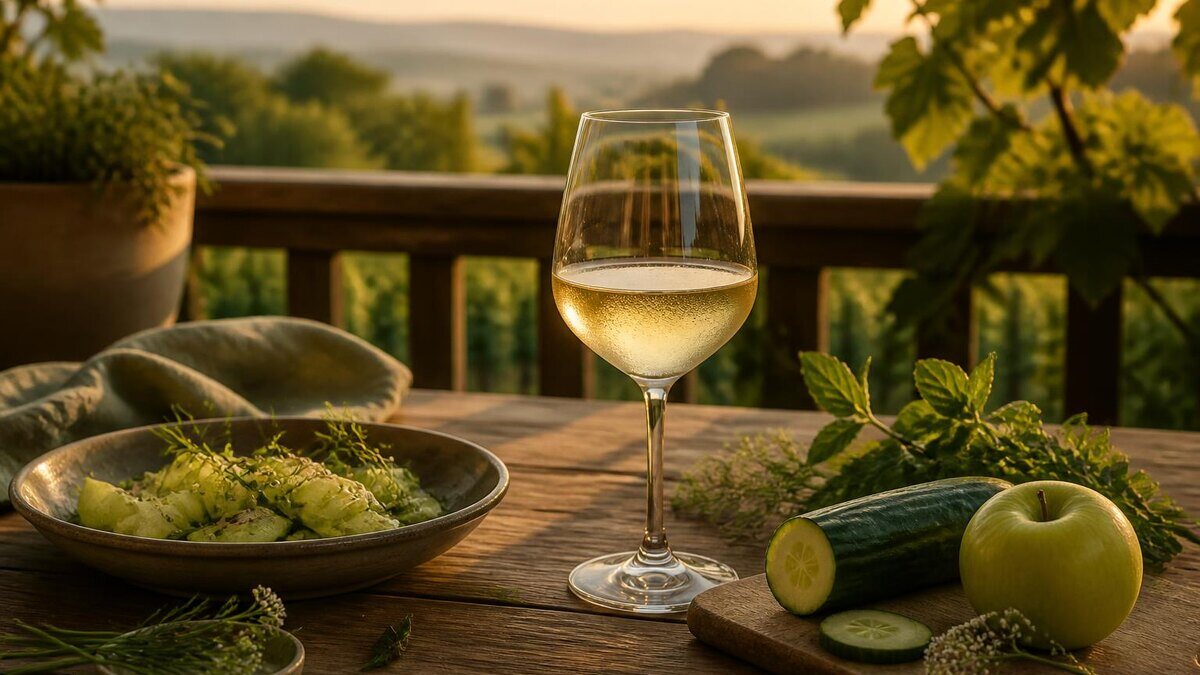 Realistische, warme redaktionelle Weinaufnahme im August: ein Glas Grüner Veltliner auf einem Holztisch auf einer österreichischen Terrasse,
