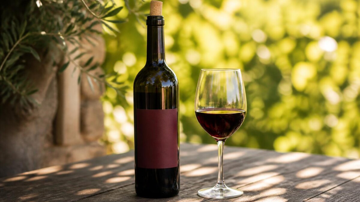 Realistische redaktionelle Fotografie für einen deutschsprachigen Weinratgeber: einzelne Weinflasche auf einem schattigen Holztisch im Augus