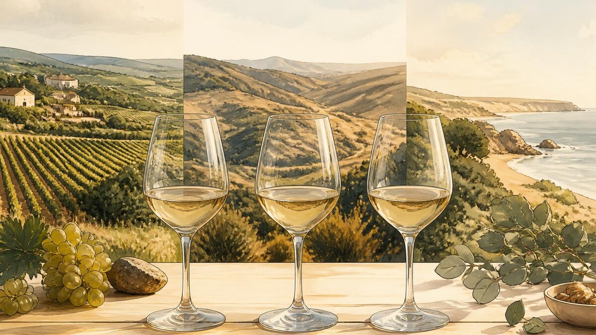 Editoriale Weinaufnahme für einen deutschsprachigen Ratgeber: drei elegante Chardonnay-Weingläser nebeneinander auf einem hellen Holztisch,