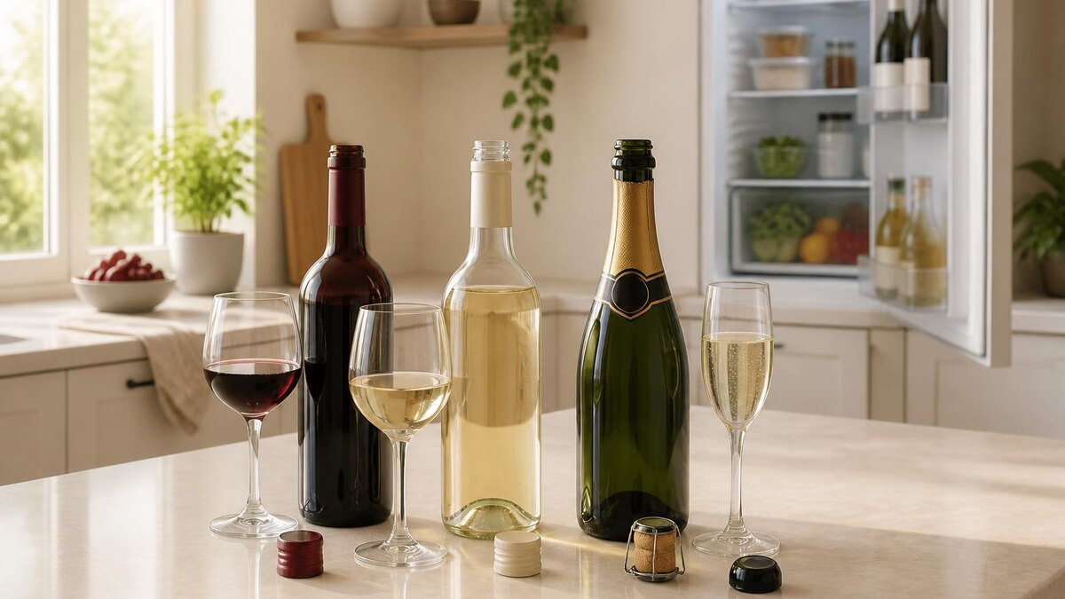 Ruhige, realistische Weinaufnahme in einer hellen Küche im August: geöffnete Flasche Rotwein, geöffnete Flasche Weißwein und geöffnete Sektf