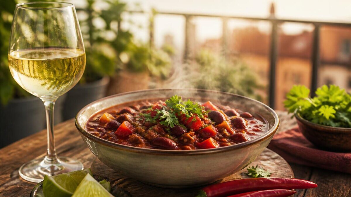 Eine sommerliche Tischszene mit einer dampfenden Schale Chili mit Bohnen, Paprika und frischen Kräutern neben einem hellen, gut gekühlten We