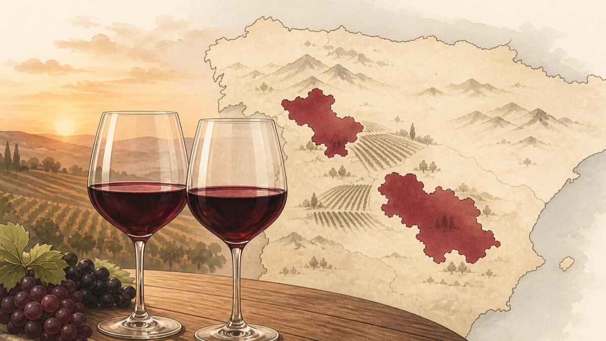 Zwei bauchige Rotweingläser mit Tempranillo aus Rioja und Ribera del Duero auf einem schlichten Holztisch, daneben eine stilisierte Karte No