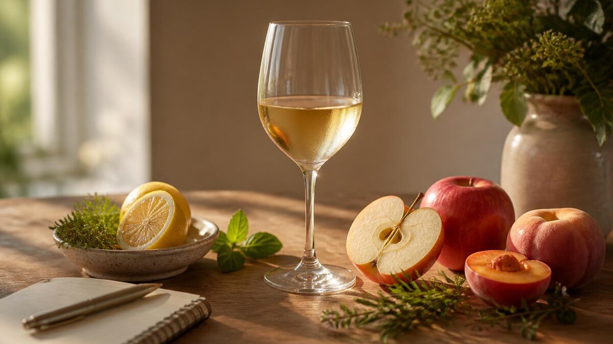 Ruhige, natürliche Redaktionsszene zum Thema Weinverkostung: ein schlichtes Weinglas mit Weißwein auf einem Holztisch, daneben aufgeschnitte