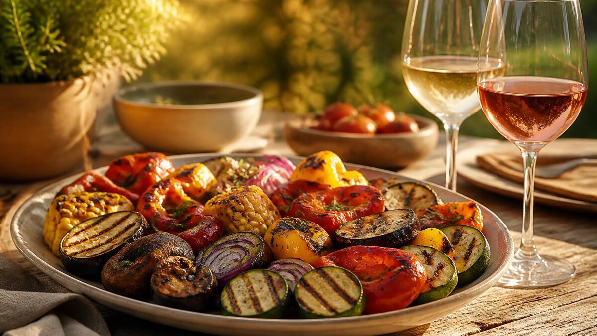 Sommerlicher Grillabend im August mit einer bunten Platte aus gegrillter Zucchini, Paprika, Aubergine, Mais, Pilzen und roten Zwiebeln auf e