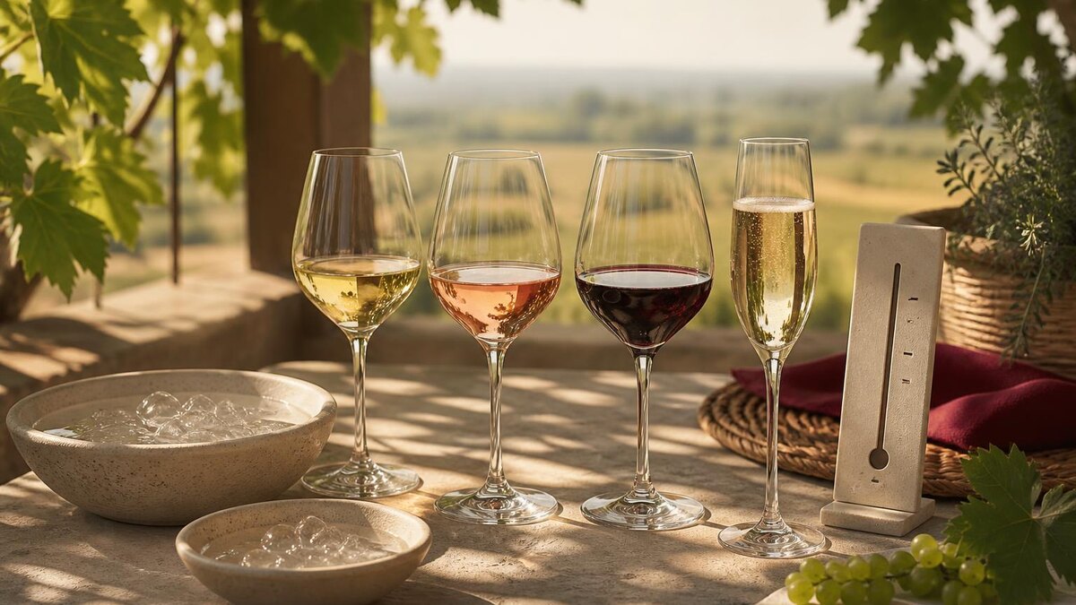 Ruhige, realistische Sommerszene auf einer schattigen Terrasse im August: vier klare Weingläser mit Weißwein, Rosé, Rotwein und Schaumwein,
