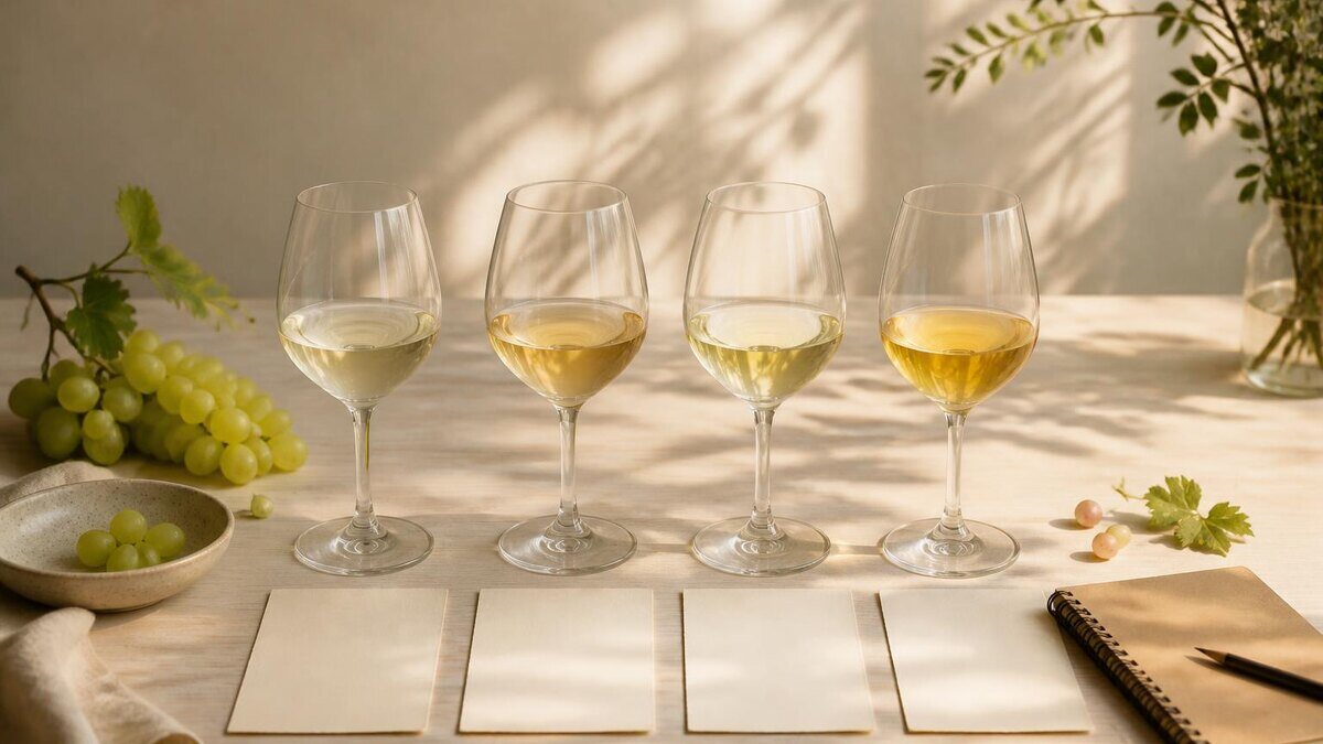 Ruhige, sachliche Editorial-Fotografie für einen deutschsprachigen Weinratgeber: vier schlichte Gläser mit unterschiedlichen Weißweinen auf