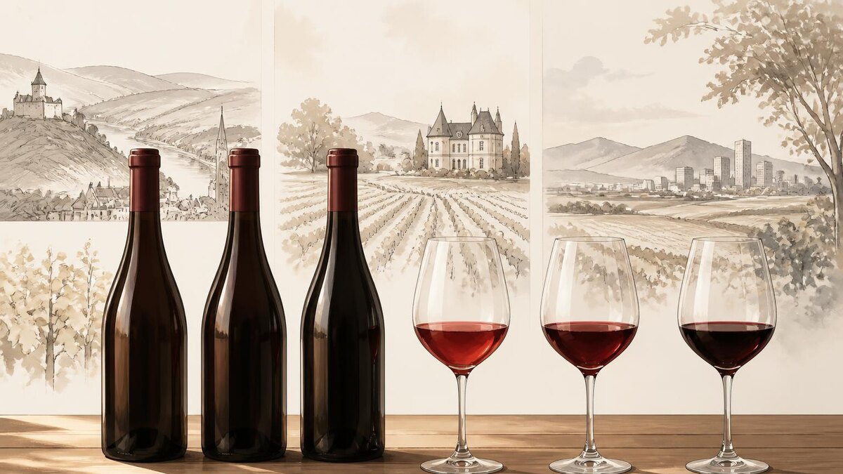Drei geöffnete Pinot-Noir-Weinflaschen ohne sichtbare Marken oder Etiketten, daneben drei Gläser mit unterschiedlich hellem rubinrotem Wein,