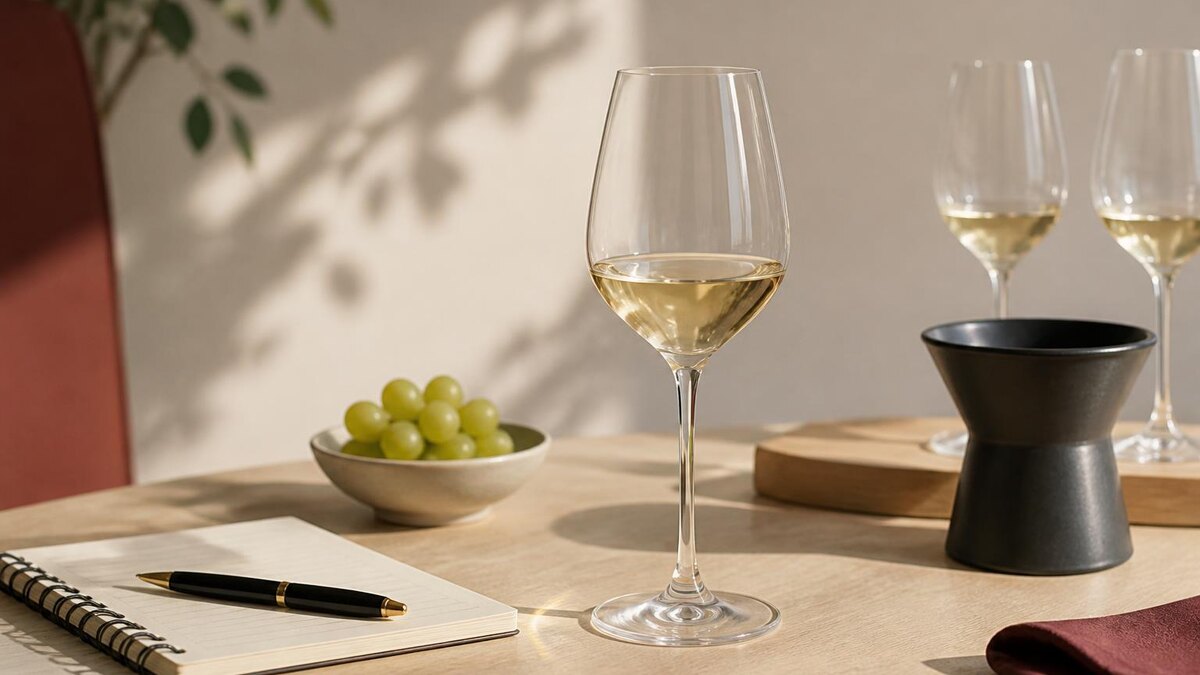 Ruhige, realistische Szene einer Weinverkostung im August: ein klares Weinglas mit hellem Wein auf einem schlichten Tisch im warmen Tageslic