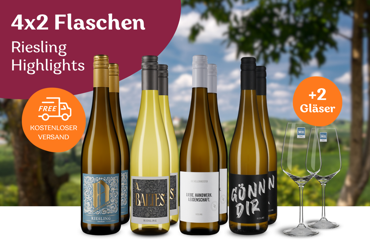 Auswahl deutscher Riesling-Weine mit zwei Gläsern